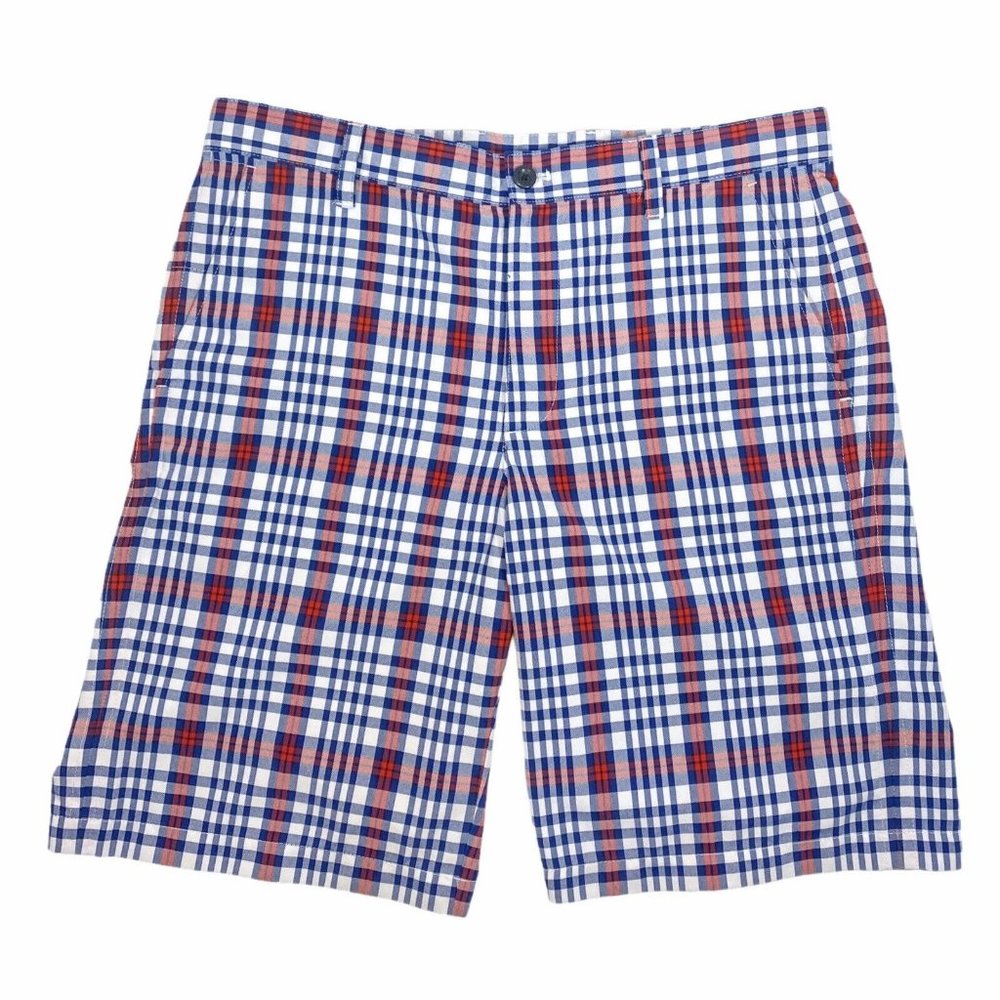 Izod Men's Flat Front Straight Fit Plaid Golf Shorts Size 34 Red and Blue